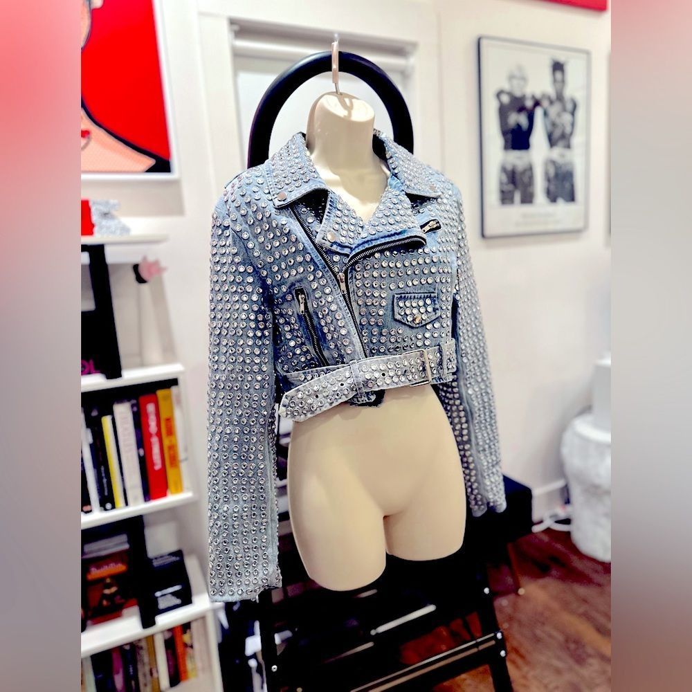 - AZALEA WANG GAZETTE 3000 STUDS MOTO JACKET IN DENIM NWT MULTIPLE - Picture 2 of 11